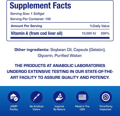 Vitamin A 10000 IU Softgels - Clinical Formula Vitamin A Supplement from Cod Liver Oil with Broad Spectrum Retinoids for Eye Care Vision Support & Reproductive Health - Made in The USA - 100 Servings Nirvana Guru