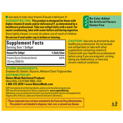 Nature Made Extra Strength Vitamin D3 5000 IU (125 mcg), Dietary Supplement for Bone, Teeth, Muscle and Immune Health Support, 180 Softgels, 180 Day Supply - Nirvana Guru