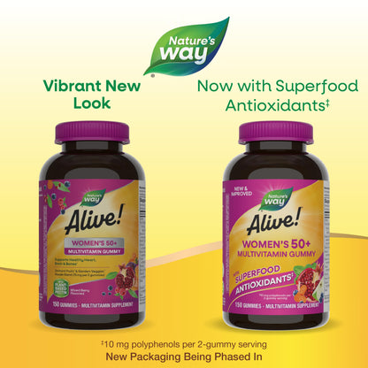 Nature's Way Alive Women’s 50+ Daily Gummy Multivitamins, Supports Multiple Body Systems*, Supports Healthy Heart, Brain & Bones,* B-Vitamins, Mixed Berry Flavored, 150 Gummies (Packaging May Vary) - Nirvana Guru
