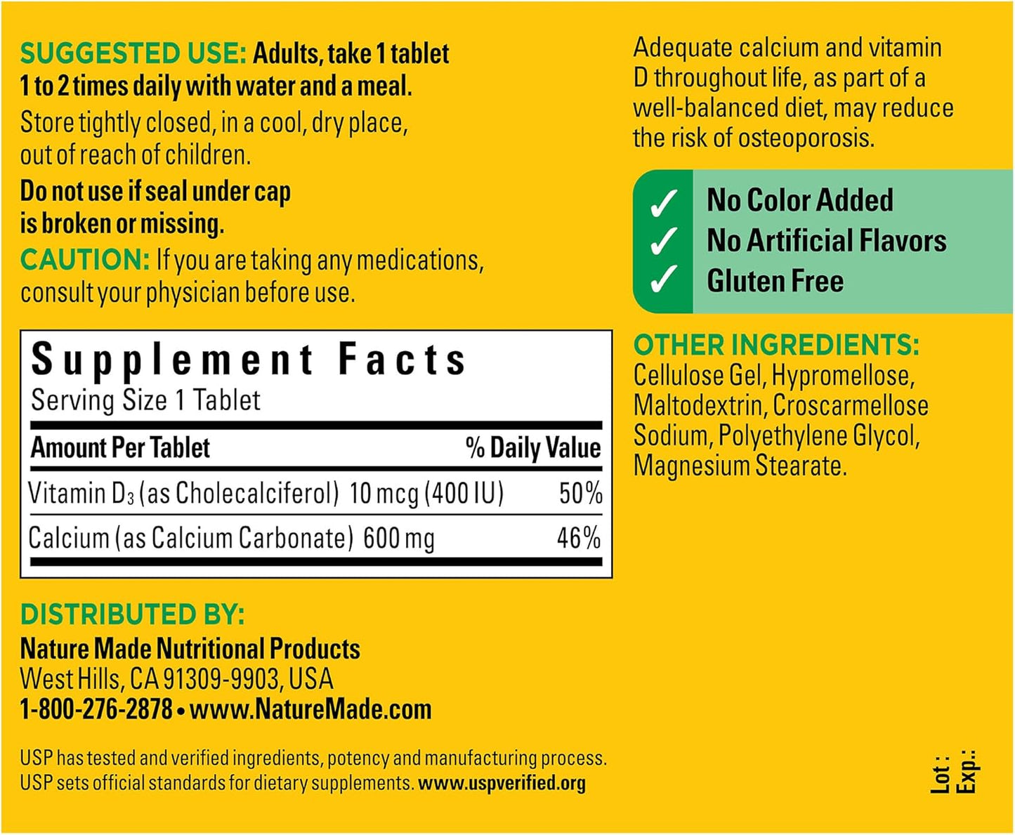 Nature Made Calcium 600 mg with Vitamin D3, Dietary Supplement for Bone Support, 220 Tablets (pack of 1) - Nirvana Guru