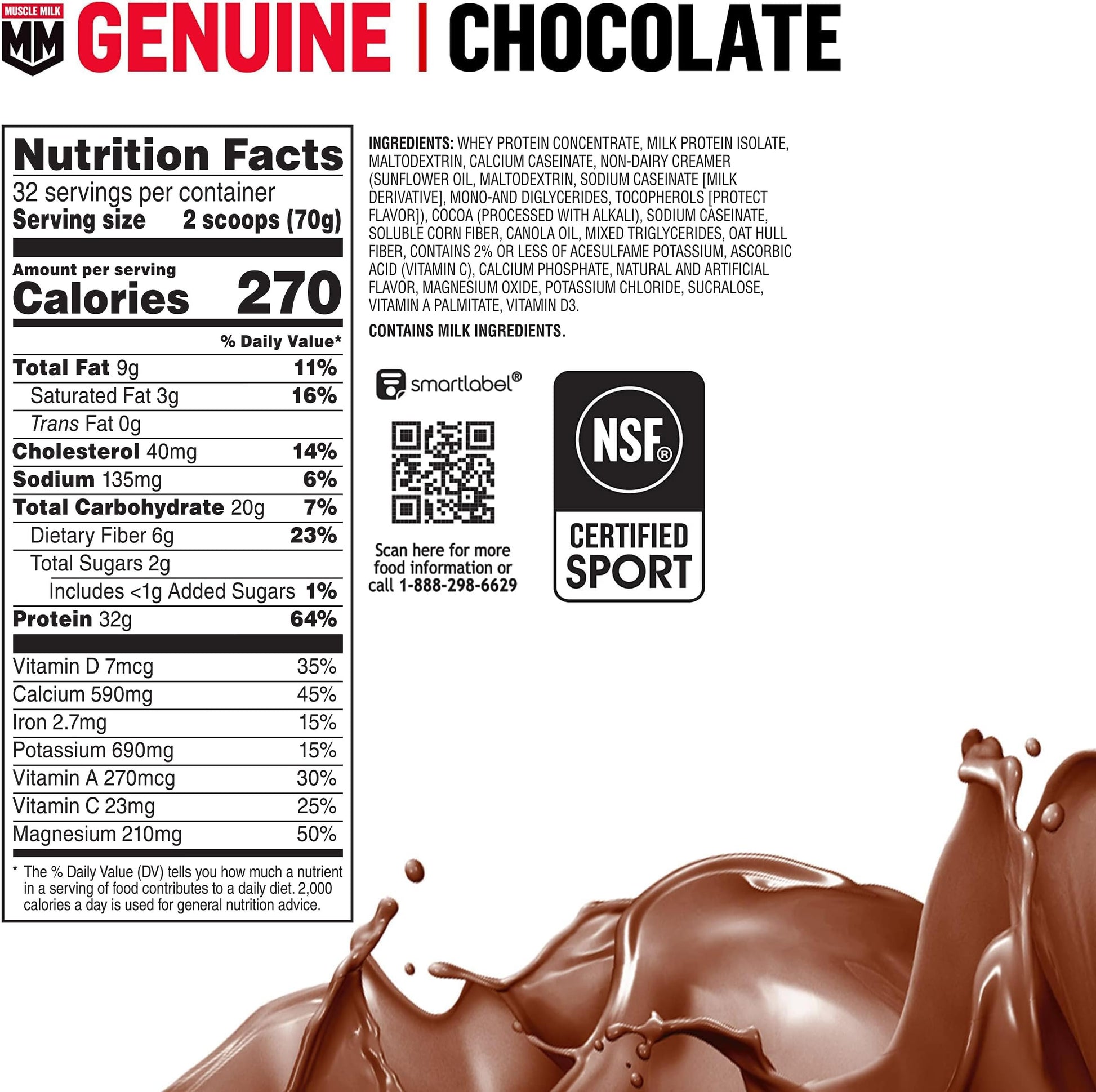 Muscle Milk Genuine Protein Powder, Chocolate, 1.93 Pounds, 13 Servings, 32g Protein, 2g Sugar, Calcium, Vitamins A, C & D, NSF Certified for Sport, Energizing Snack, Packaging May Vary Nirvana Guru