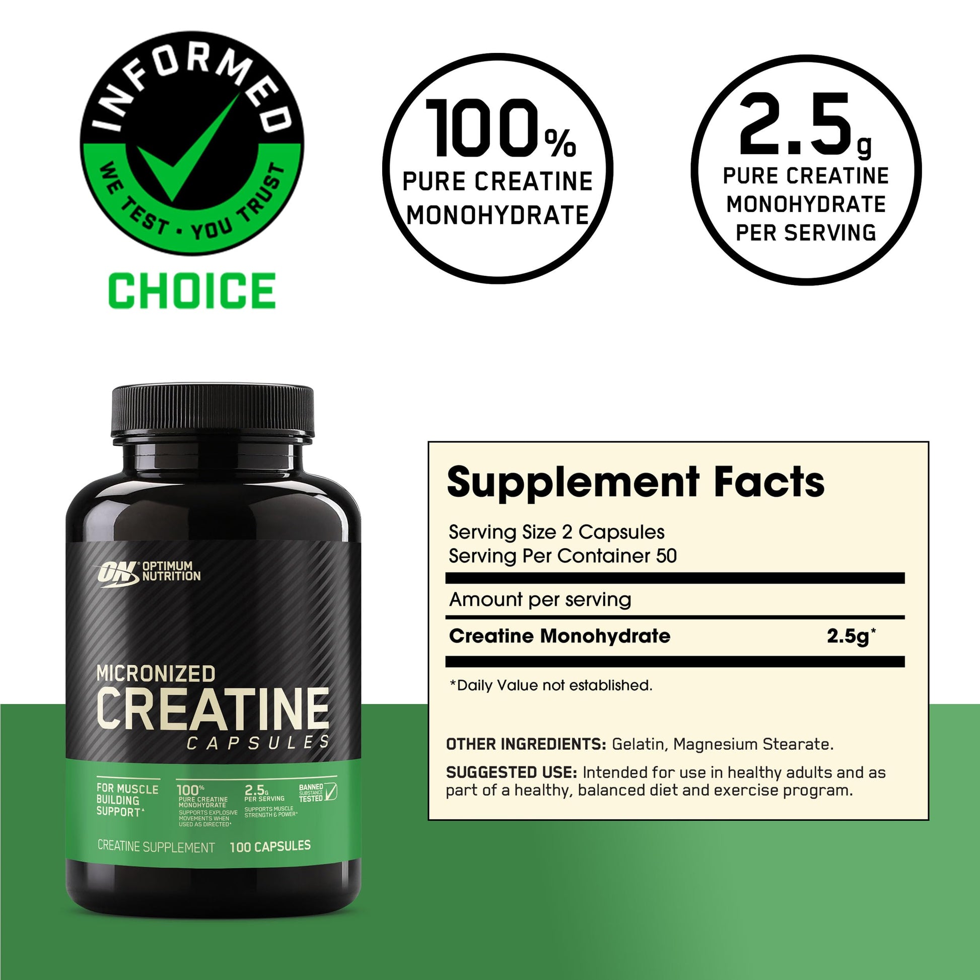 Optimum Nutrition Micronized Creatine Monohydrate Capsules, Keto Friendly, 2500mg, 100 Capsules - Nirvana Guru