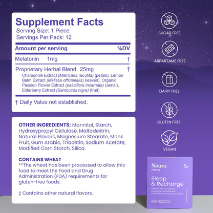 NeuroGum Sleep & Recharge Meltaway Mints | 1mg Melatonin + Chamomile + Elderberry + Lemon Balm + Passion Flower | Natural Sugar Free Rest & Relaxation Supplement (Mixed Berry, 144 Pieces) Nirvana Guru