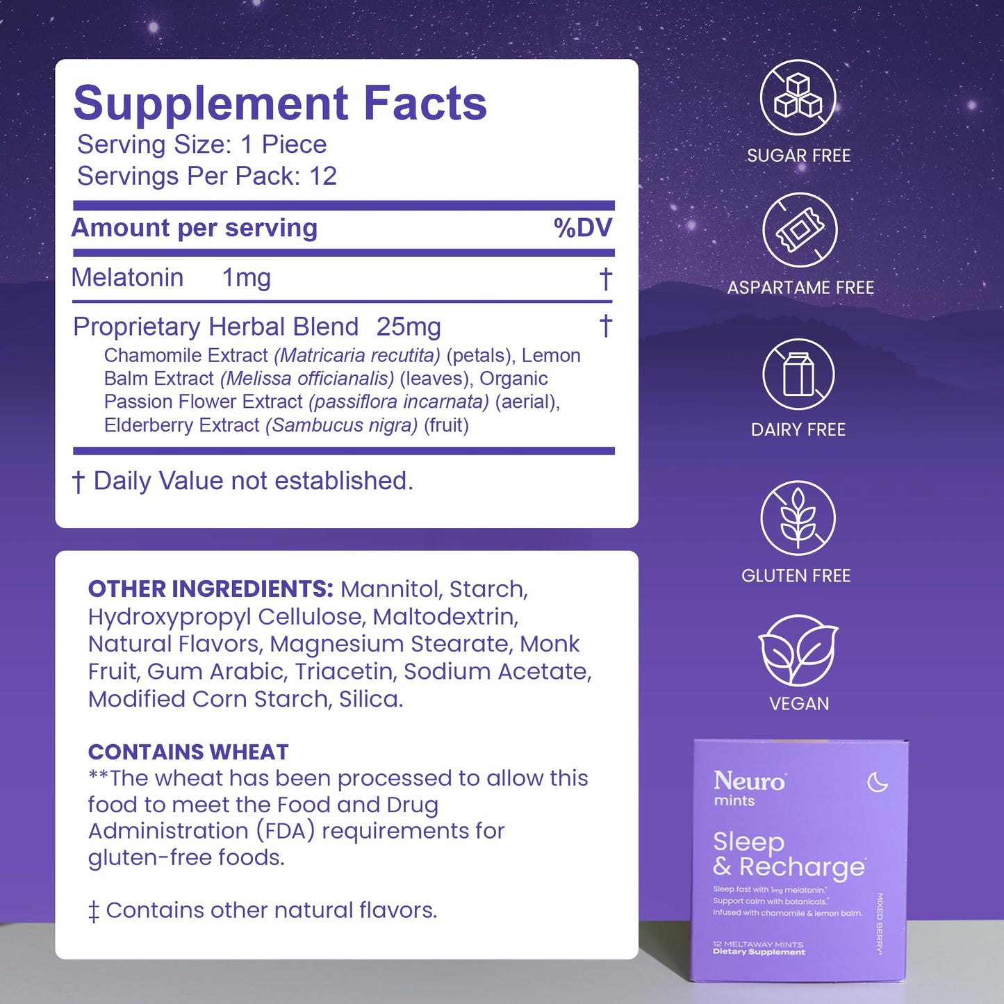 NeuroGum Sleep & Recharge Meltaway Mints | 1mg Melatonin + Chamomile + Elderberry + Lemon Balm + Passion Flower | Natural Sugar Free Rest & Relaxation Supplement (Mixed Berry, 144 Pieces) Nirvana Guru