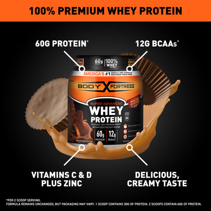 Body Fortress Super Advanced Whey Protein Powder, Vanilla, Immune Support (1), Vitamins C & D Plus Zinc, 1.74 lbs