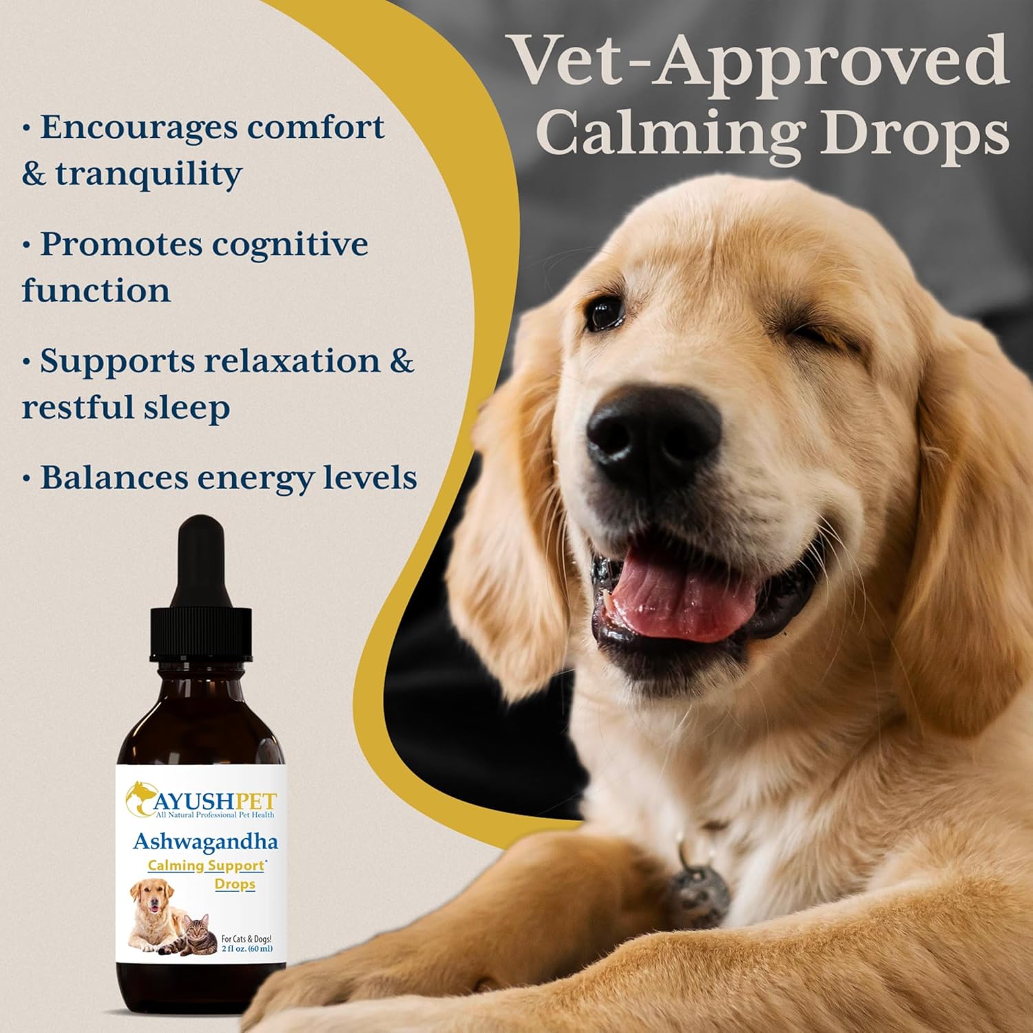 Ayush Pet Stress Support Ashwagandha Drops, Calm and Focus for Dogs or Cats, Alcohol Free Supplement, 2 oz. Nirvana Guru