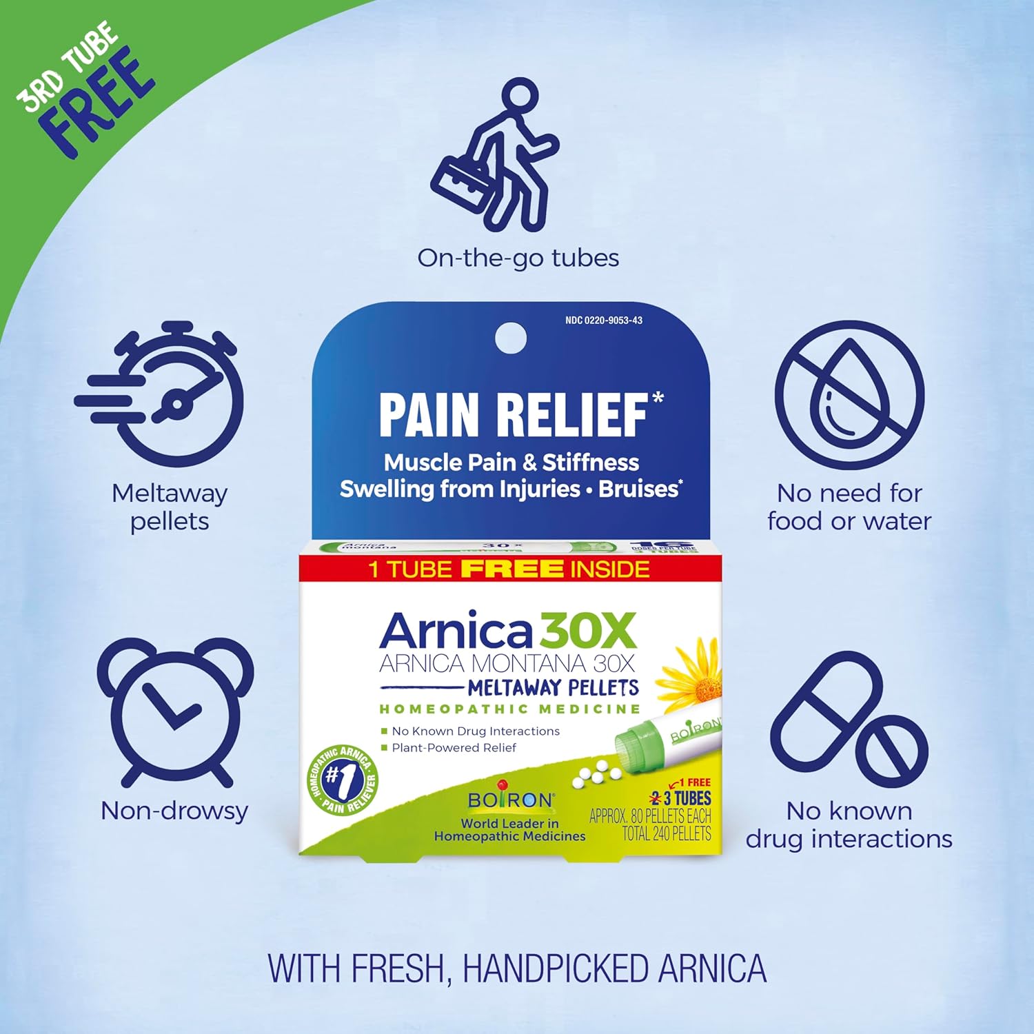 Boiron Arnica Montana 30X Homeopathic Medicine for Relief from Muscle Pain, Muscle Stiffness, Swelling from Injury, and Discoloration from Bruises - 3 Count (240 Pellets) - Nirvana Guru