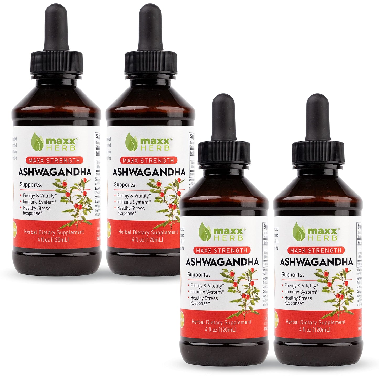 Maxx Herb Ashwagandha Extract – Max Strength Liquid Tincture Absorbs Better Than Capsules or Powder - for Stamina, Memory, and Immune Support – 4 Bottles, 4 Oz Each (240 Servings) Nirvana Guru