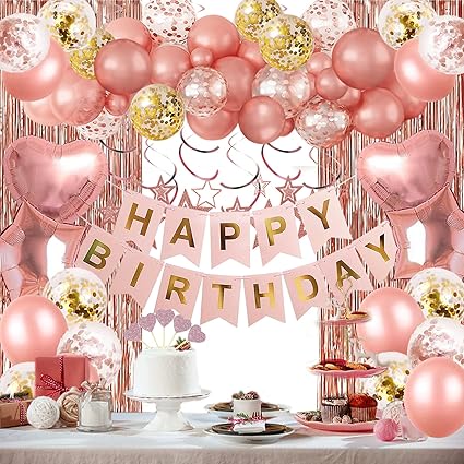 Rose Gold Birthday Party Decorations, Happy Birthday Banner, Rose Gold Fringe Curtain, Heart Star Foil Confetti Balloons, Hanging Swirls for Women Girls Birthdays Princess Party Nirvana Guru