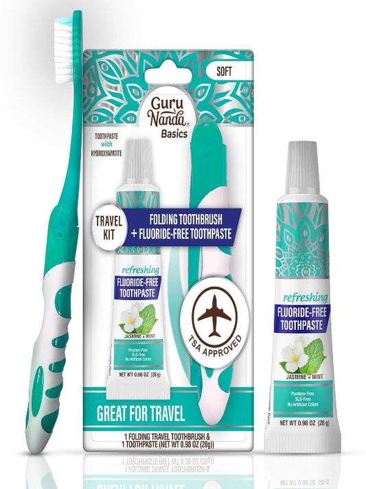 GuruNanda Folding Toothbrush with Built-in Cover & Toothpaste with Hydroxyapatite, Perfect for Travel, Compact & Portable, On-The-go - Soft Bristles & Ergonomic Handle, for Adults & Kids (1 Count) Nirvana Guru