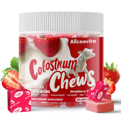 Bovine Colostrum Chews Supplement with probiotics for Gut Health, Bloating, Immune Support, Skin, Hair Growth and Beauty - Strawberry Flavor (60 Servings) Nirvana Guru
