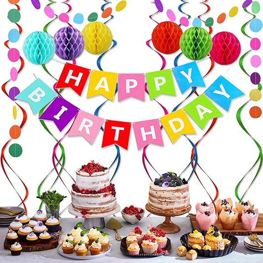 Happy Birthday Banner Decoration Set – Rainbow Birthday Banner with 6 Honeycomb Balls, 8 Metallic Hanging Swirls & Circle Paper Garland for Party Supplies nirvanaguru