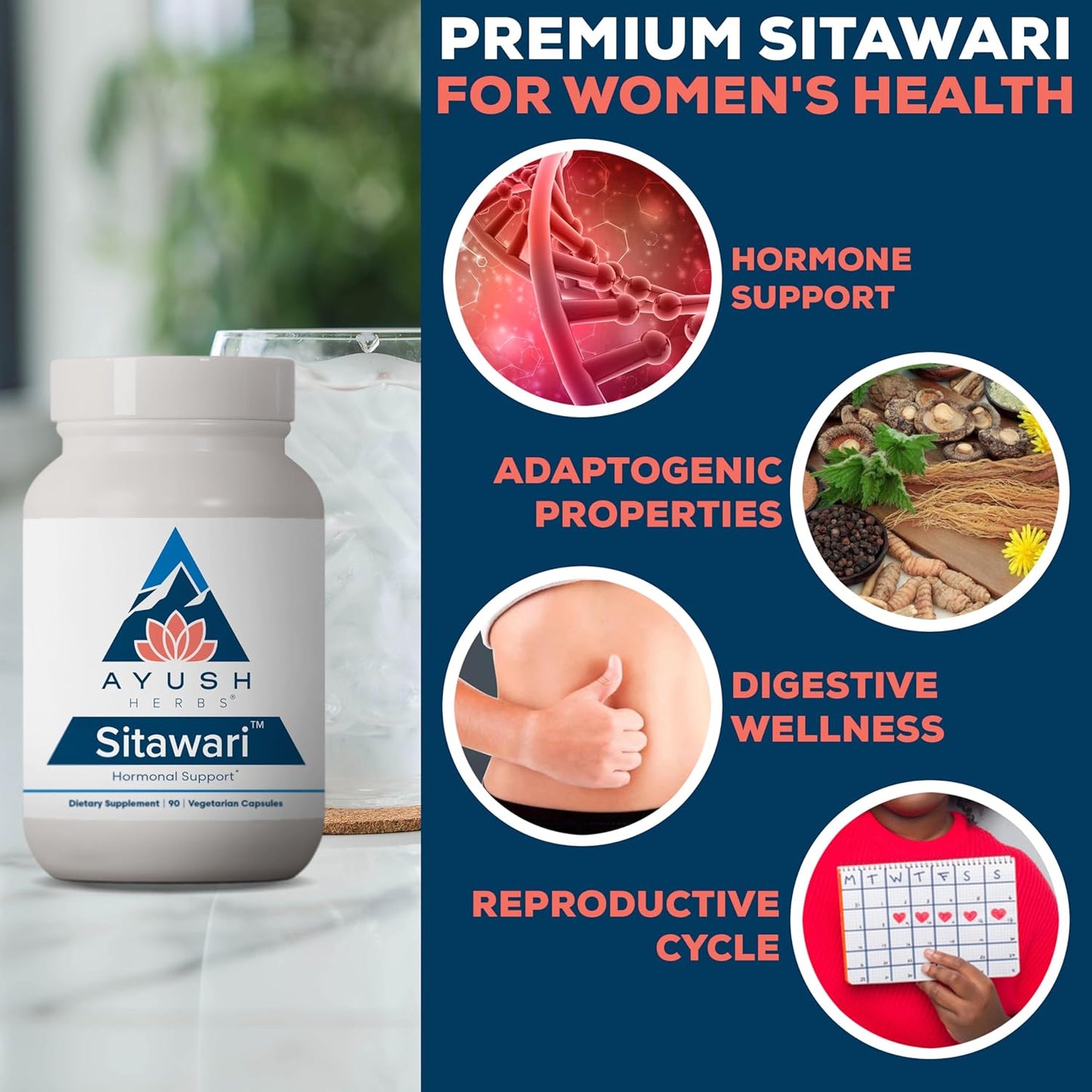 Ayush Herbs Sitawari - Shatavari Capsules for Women, Shatavari Root Supplement, Hormone Balance for Women, Natural Female Reproductive Support - 90 Vegetarian Capsules (1 Count) Nirvana Guru