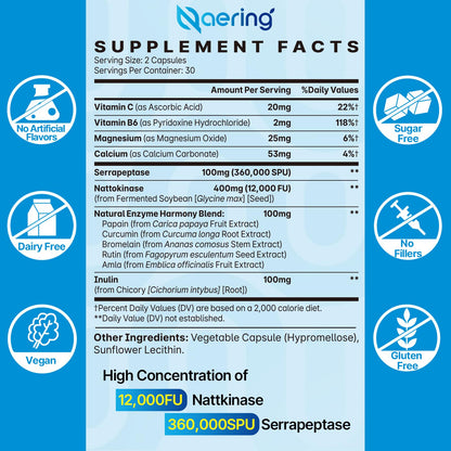 Liposomal Nattokinase 12,000 FU Serrapeptase 360,000 SPU Enzyme Supplement - Enriched with Synergistic Enzymes and Nutrient Blend & Inulin for Circulatory, Gut, Digestion 60 Capsules (1 Bottle) Nirvana Guru