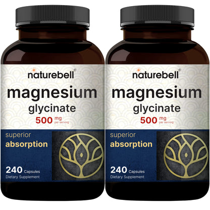 NatureBell Magnesium Glycinate 500mg, 240 Capsules | 100% Chelated & Purified | Sleep, Muscle & Heart Support | 3rd Party Tested, Non-GMO, Gluten-Free