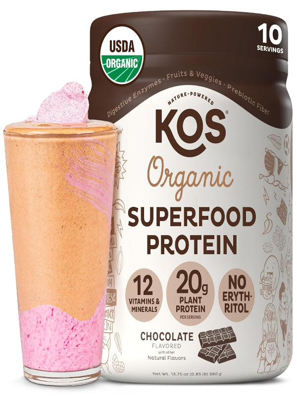 KOS Vegan Protein Powder, Chocolate USDA Organic - Low Carb Pea Protein Blend, Plant Based Superfood with Vitamins & Minerals - Keto, Soy, Gluten Free - Meal Replacement for Women & Men - 10 Servings - Nirvana Guru