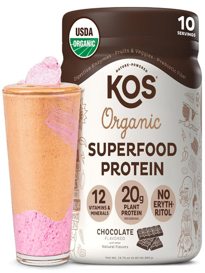 KOS Vegan Protein Powder, Chocolate USDA Organic - Low Carb Pea Protein Blend, Plant Based Superfood with Vitamins & Minerals - Keto, Soy, Gluten Free - Meal Replacement for Women & Men - 10 Servings - Nirvana Guru