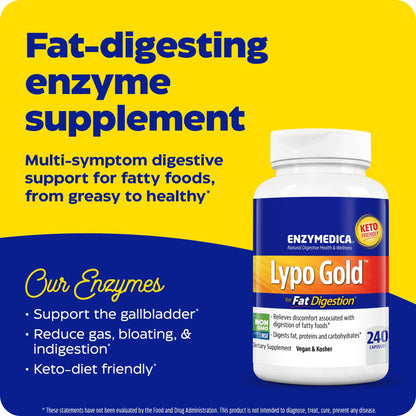 Enzymedica Lypo Gold, Digestive Enzymes for Fat Digestion, Offers Fast Acting Gas & Bloating Relief, 60 Count - Nirvana Guru