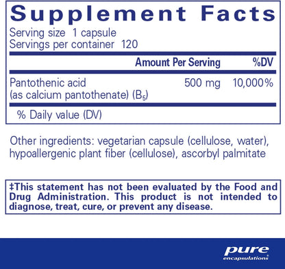 Pure Encapsulations Pantothenic Acid | Hypoallergenic Supplement Supports Cellular Energy Production, Adrenal and Cardiovascular Health | 120 Capsules - Nirvana Guru