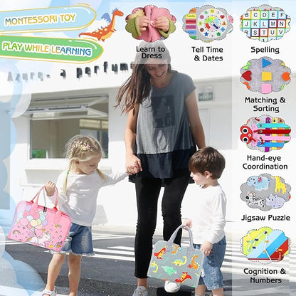 Esjay Toddler Busy Board Montessori Toys for Boys Girls, Sensory Board Educational Activities for Learning Fine Motor Skills, Birthday Gifts for Toddlers, Travel Toys for Airplane Car,Grey Dinosaur nirvanaguru