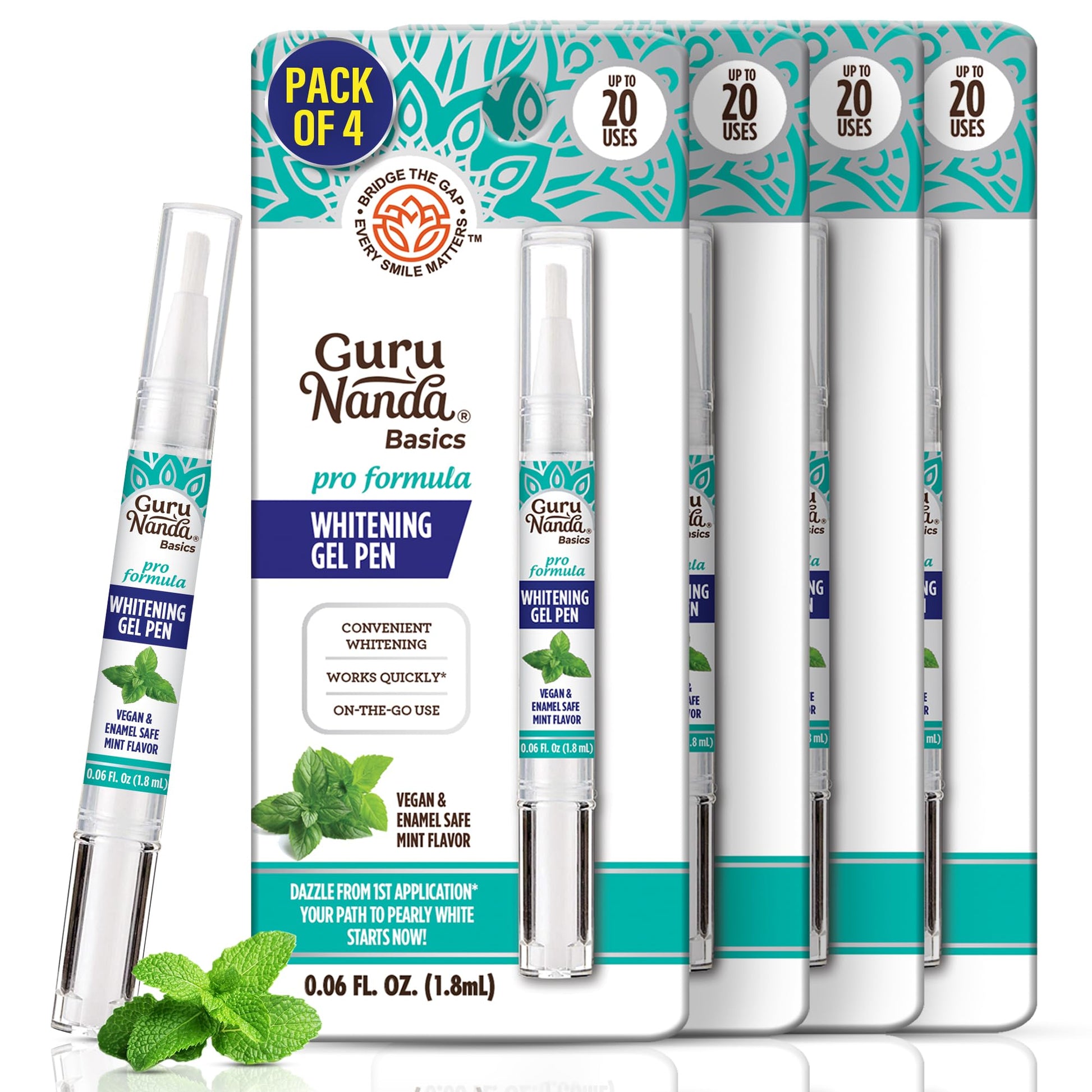 GuruNanda Teeth Whitening Pen,(0.06 fl oz)-20 Uses, Vegan & Gentle on Teeth Pro Formula - Hydrogen Peroxide Whitening Gel Pen, Cruelty-free, Mint Flavor Nirvana Guru