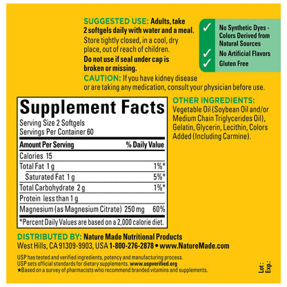 Nature Made Magnesium Citrate 250 mg per serving, Magnesium Supplement for Muscle, Nerve, Bone and Heart Support, 120 Softgels, 60 Day Supply - Nirvana Guru