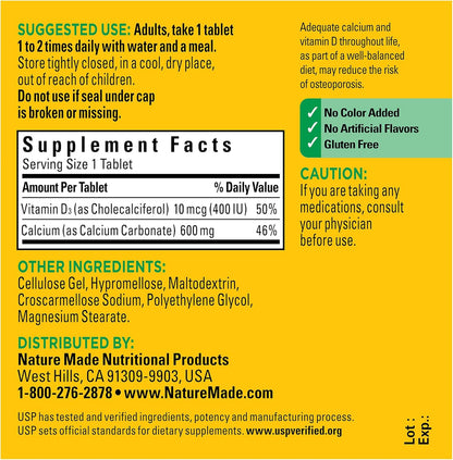 Nature Made Calcium 600 mg with Vitamin D3, Dietary Supplement for Bone Support, 220 Tablets (pack of 1) - Nirvana Guru