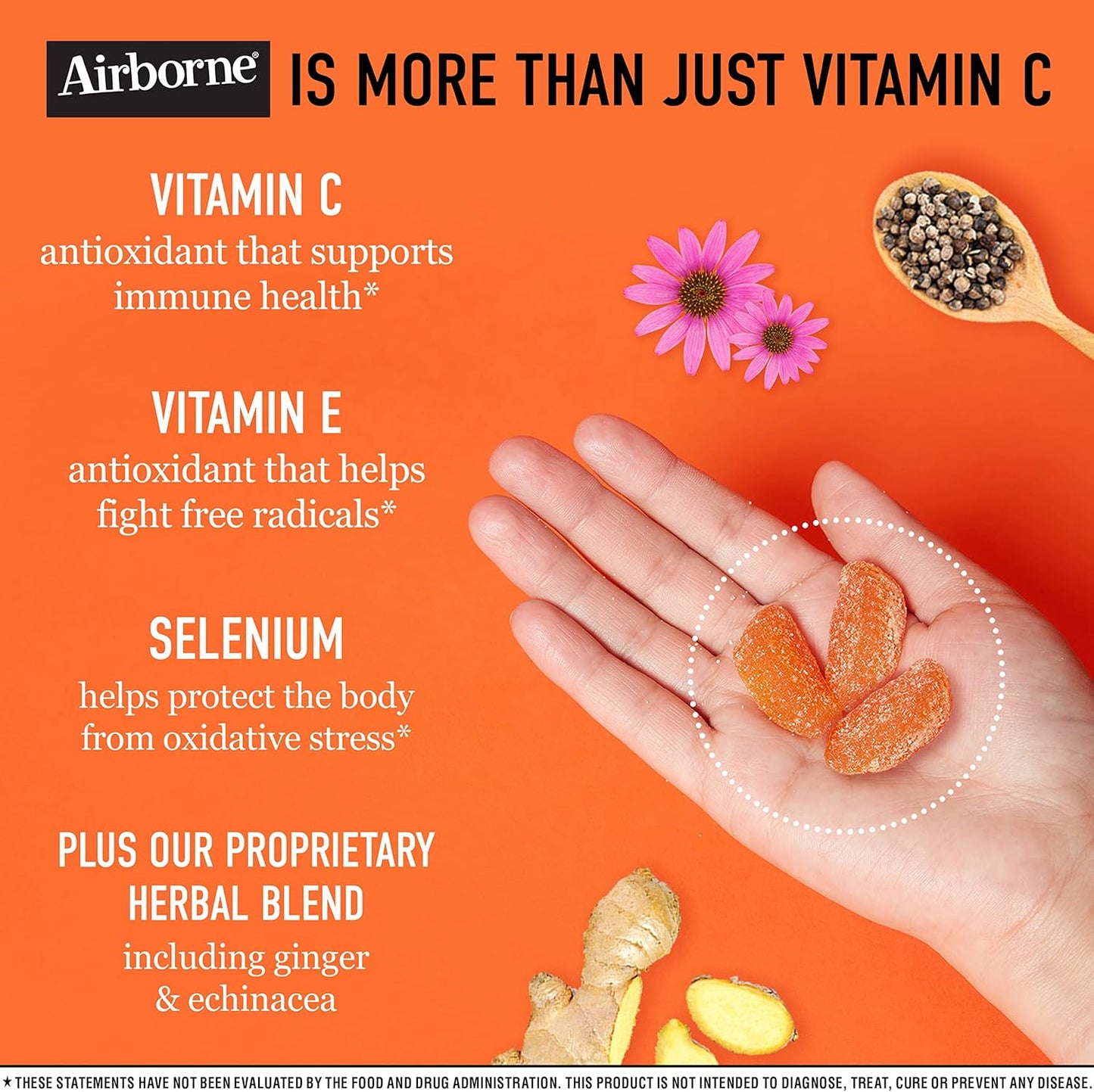 Airborne Vitamin C 750mg (per Serving) Zesty Orange Flavored Gummies (42 Count in a Bottle), Gluten-Free Immune Support Supplement with Vitamins A C E, Selenium, Echinacea, Ginger, Antioxidant Nirvana Guru