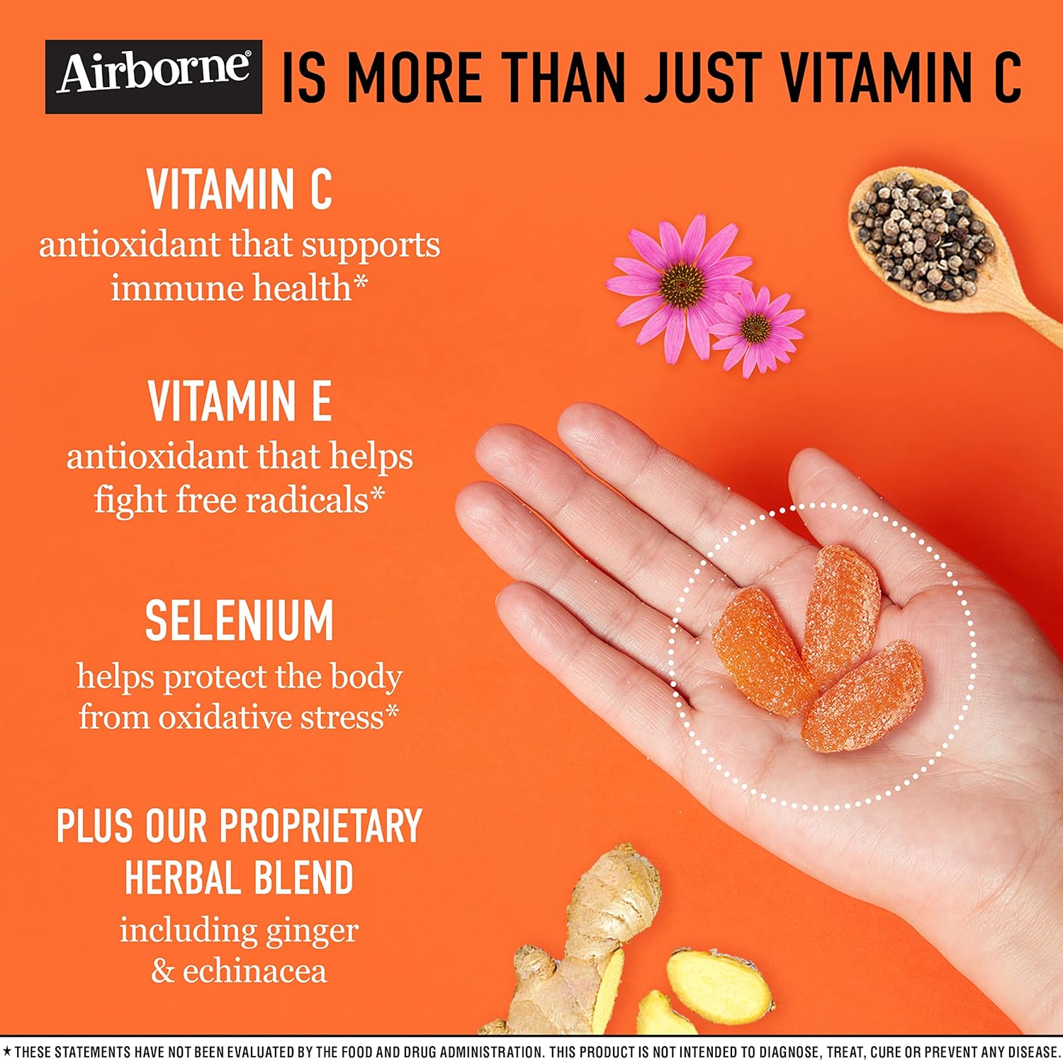 Airborne Vitamin C 750mg (per Serving) Zesty Orange Flavored Gummies (42 Count in a Bottle), Gluten-Free Immune Support Supplement with Vitamins A C E, Selenium, Echinacea, Ginger, Antioxidant Nirvana Guru