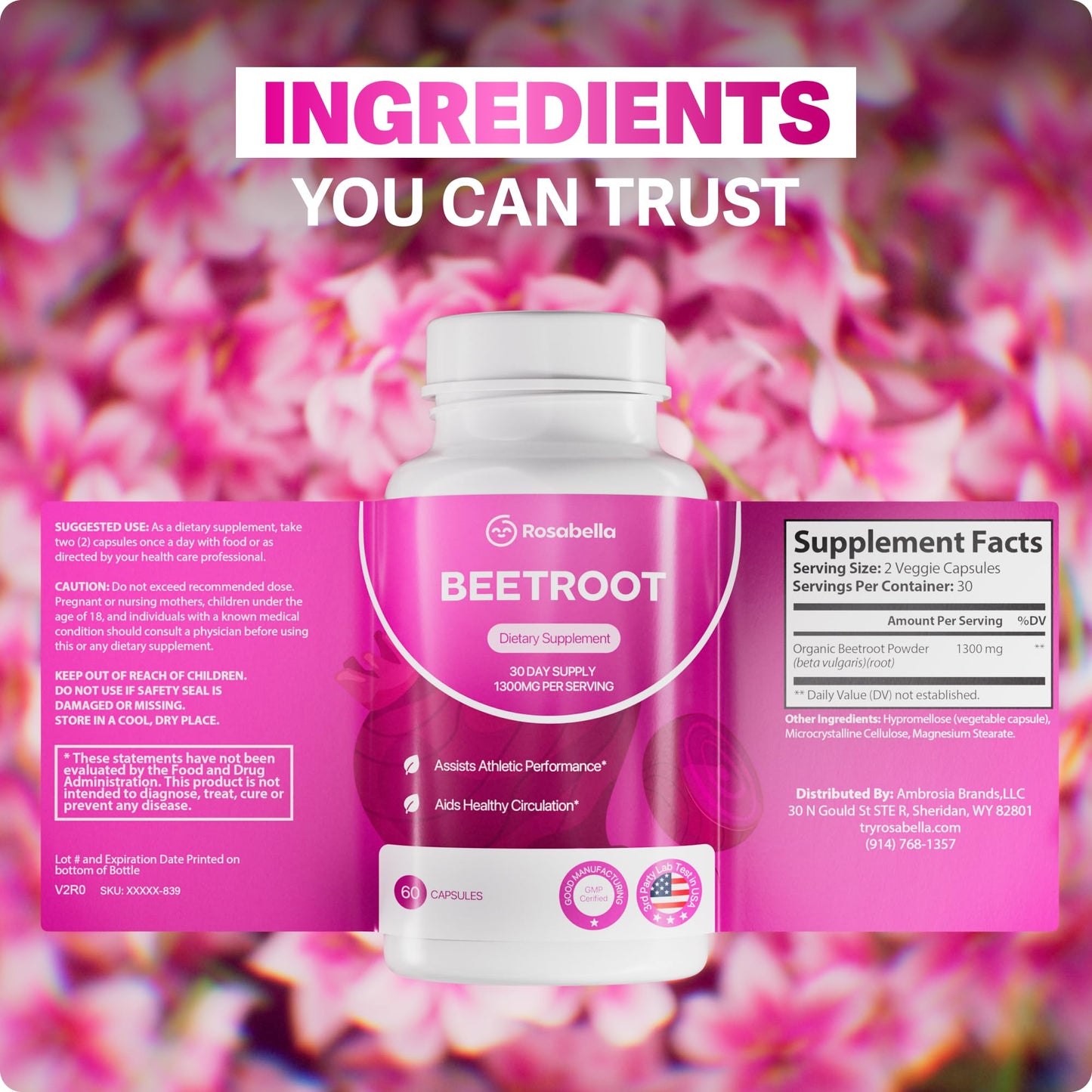 Rosabella Organic Beet Root Capsules – 1300mg Beetroot Powder for Natural Energy & Endurance Support, Non-GMO, Lab-Tested Beet Supplement - 60 Capsules, 30-Day Supply