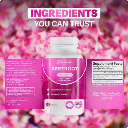 Rosabella Organic Beet Root Capsules – 1300mg Beetroot Powder for Natural Energy & Endurance Support, Non-GMO, Lab-Tested Beet Supplement - 60 Capsules, 30-Day Supply