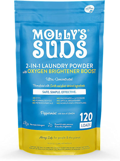 Molly's Suds 2-in-1 Original Laundry Powder with Oxygen Brightener Boost | Clean Laundry Detergent & Stain Remover | Peppermint with Hint of Lemon, 120 Loads Nirvana Guru