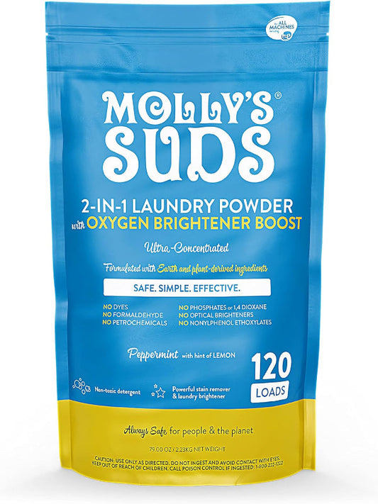 Molly's Suds 2-in-1 Original Laundry Powder with Oxygen Brightener Boost | Clean Laundry Detergent & Stain Remover | Peppermint with Hint of Lemon, 120 Loads Nirvana Guru