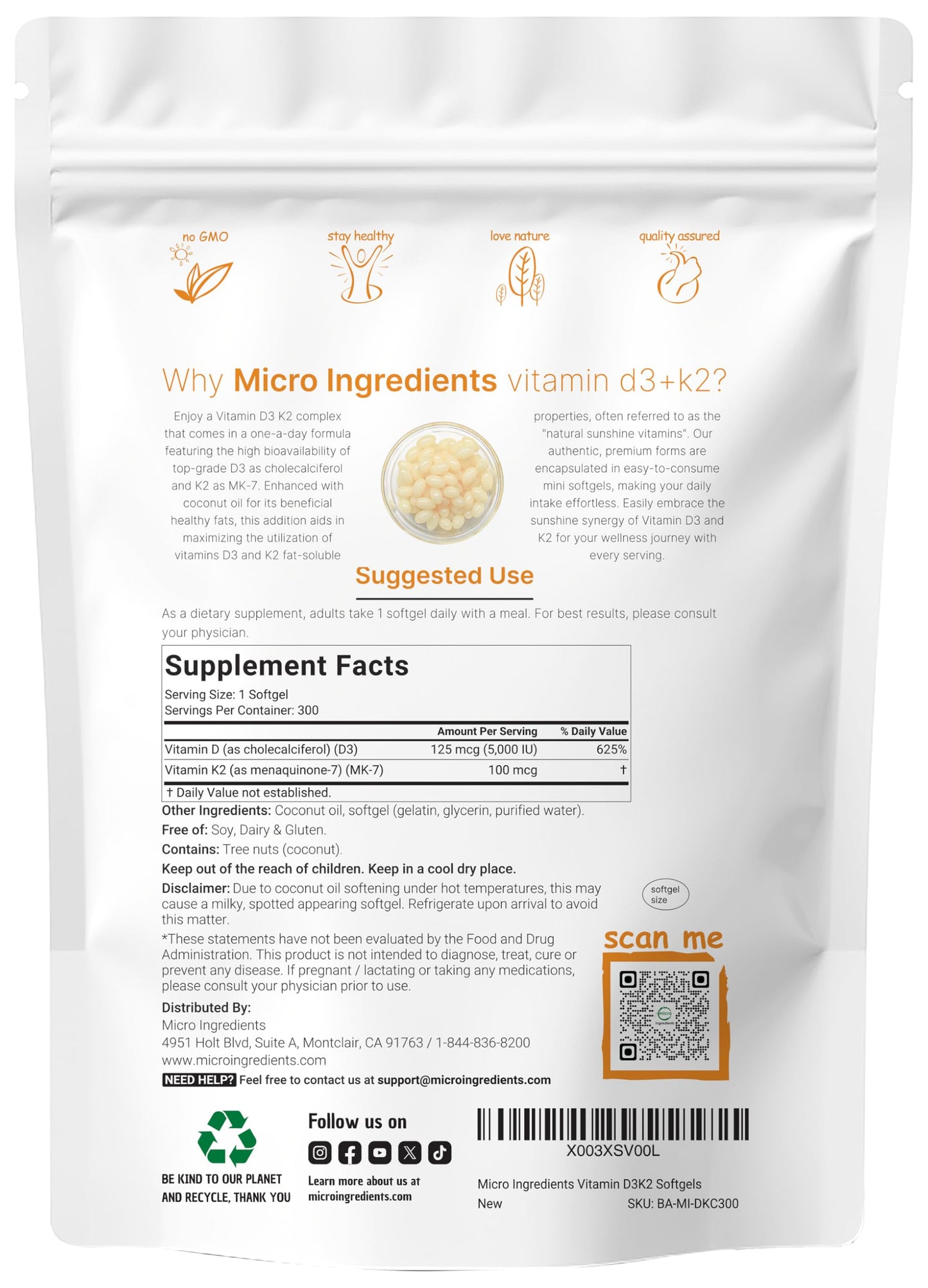 Micro Ingredients Vitamin D3 10,000 IU + K2 MK-7 200 mcg, 300 Softgels | Virgin Coconut Oil | 2-in-1 Bone, Immune & Heart Support | Easy to Swallow, Non-GMO