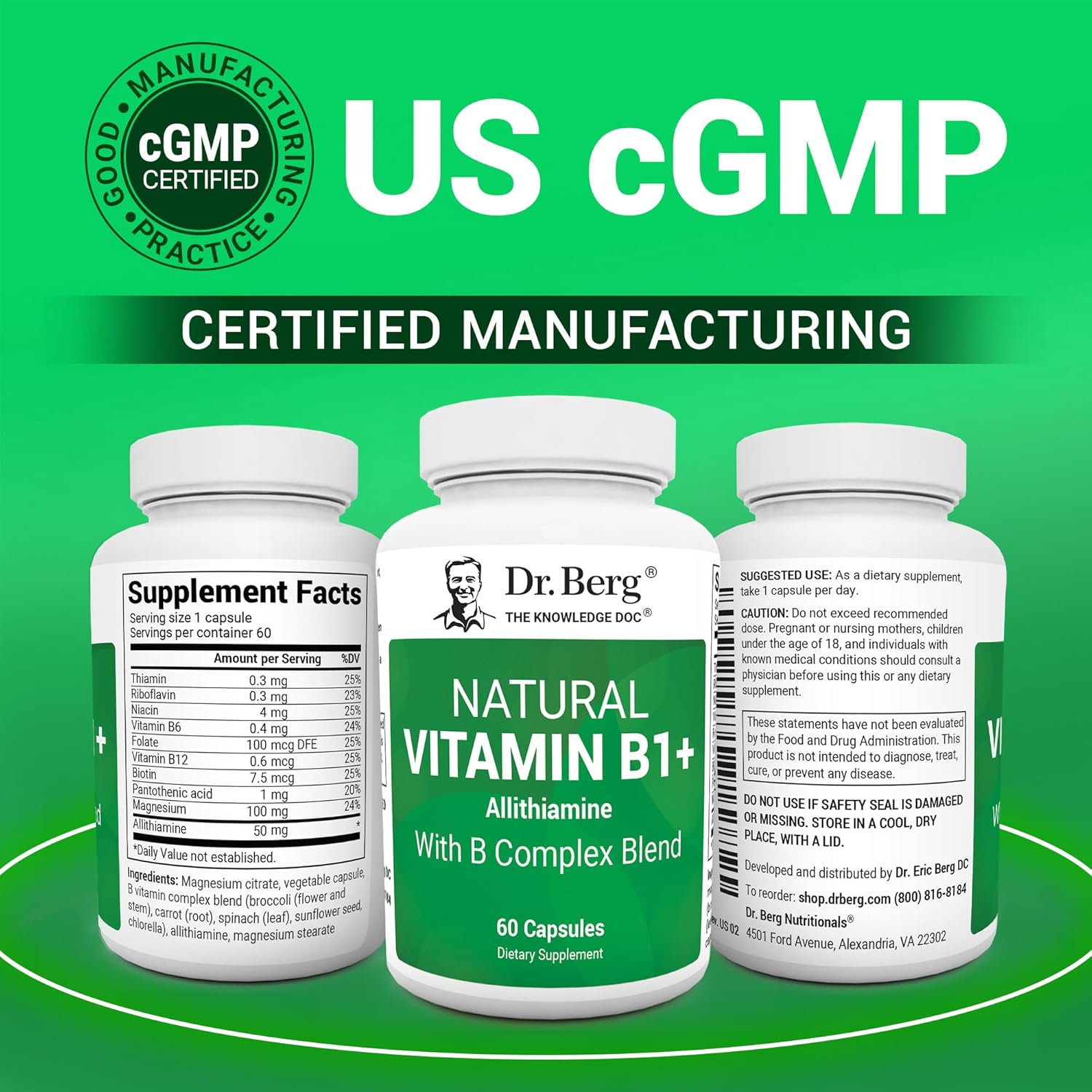 Dr. Berg Natural Vitamin B1 B6 B12 Complex - Allithiamine Vitamin B1 Supplement with 8 Essential Vitamin B Complex for Men & Women Including Thiamin, Niacin, Folate, Magnesium & More - 60 Capsules - Nirvana Guru