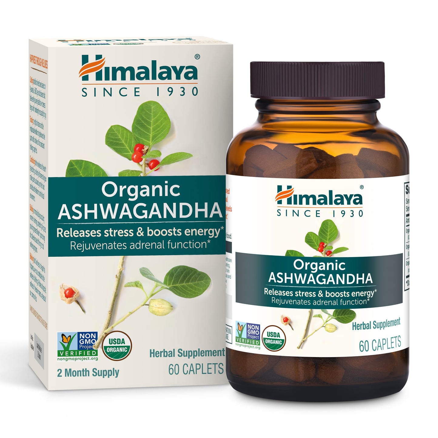 Himalaya Organic Ashwagandha, 120 Day Supply, Herbal Supplement for Stress Relief, Energy, Occasional Sleeplessness, Excipient Free, Organic, Non-GMO, Vegan, Gluten Free, 670 mg, 60 Caplets, 2 Pack - Nirvana Guru