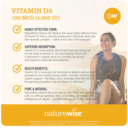 NatureWise Vitamin D3 5000iu (125 mcg) 1 Year Supply for Immune Support, Healthy Muscle Function, and Bone Health - Non-GMO, Gluten Free in Organic Extra Virgin Olive Oil, (Mini Softgel), 360 Count