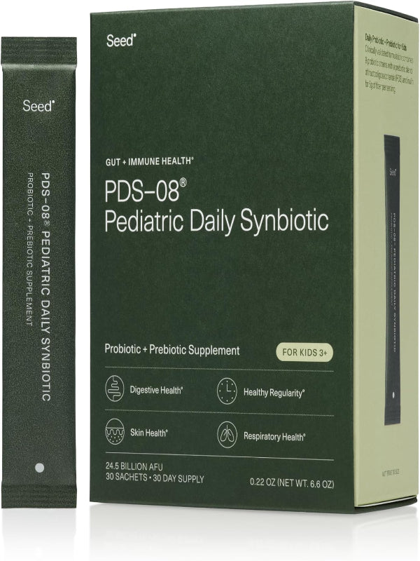 Seed PDS-08 Pediatric Daily Synbiotic - Fiber-Based Prebiotic & Probiotic for Kids - Digestive Health, Regularity, Constipation Relief - Ages 3-17 - Vegan and Shelf-Stable - 30 Sachets (30-Day Supply) - Nirvana Guru