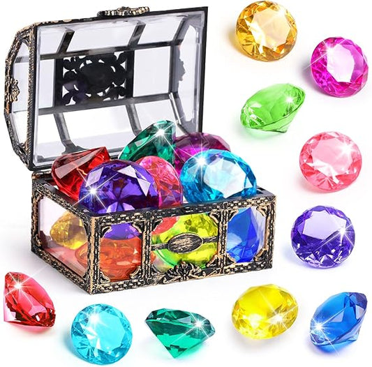 Diving Gem Pool Toy 10PCS DISHIO Big Colorful Diamond Diving Toy with Treasure Box Chest Pirate Pool Toys for Kids Toddlers Underwater Sinking Dive Gemstone for Swimming Bath Birthday Party Decoration nirvanaguru