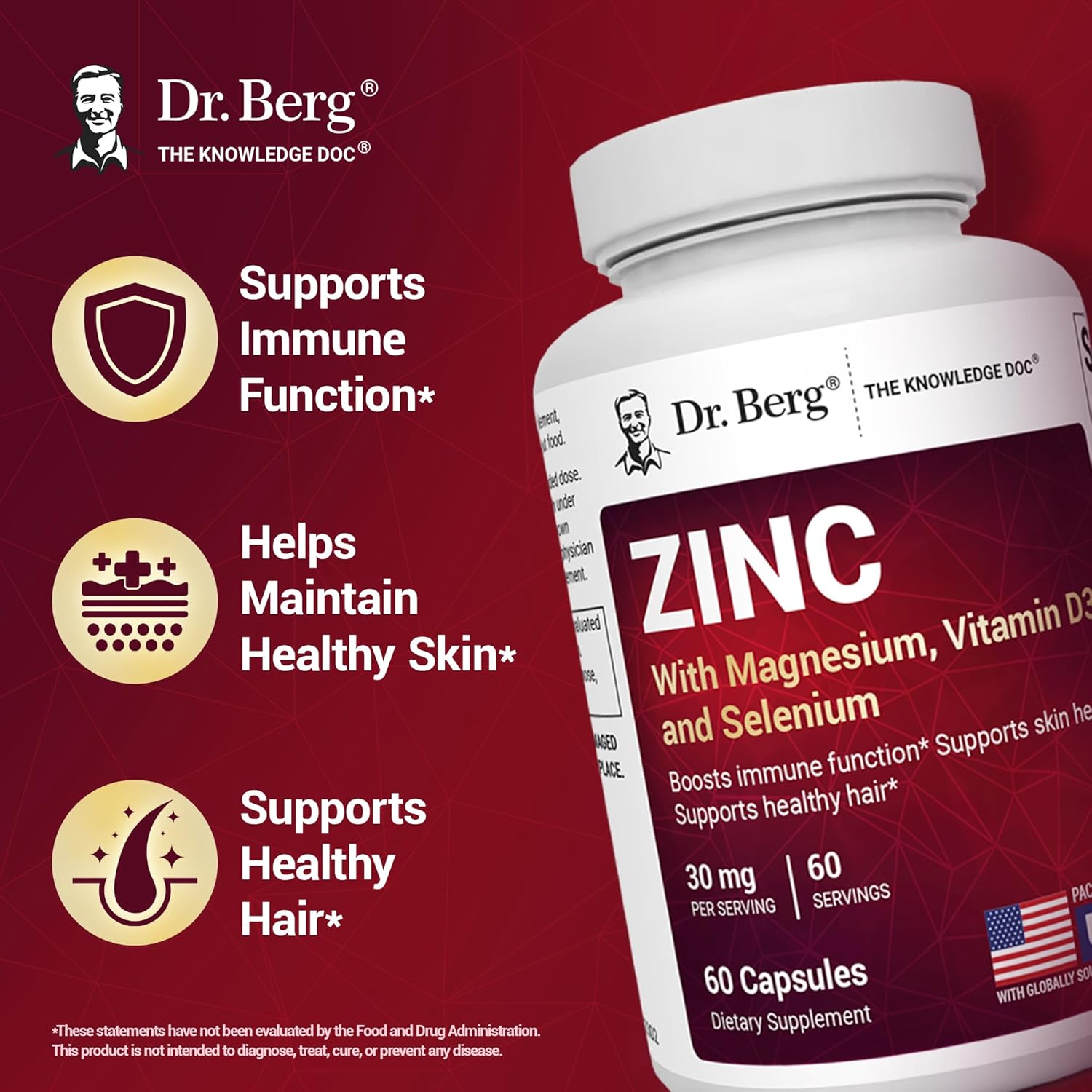Dr. Berg Zinc 30mg Enhanced with Magnesium, Vitamin D3, Selenium, & Copper - Zinc Supplements for Men & Women - Chelated Zinc for Immune, Skin, Hair, & Nails Support* - 60 Capsules - Nirvana Guru