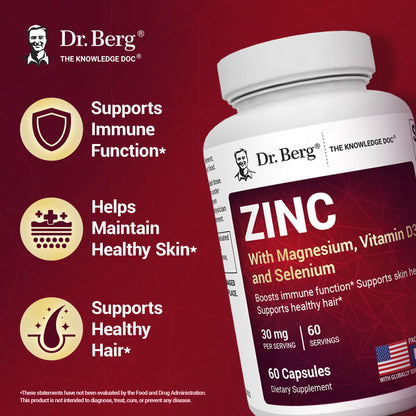 Dr. Berg Zinc 30mg Enhanced with Magnesium, Vitamin D3, Selenium, & Copper - Zinc Supplements for Men & Women - Chelated Zinc for Immune, Skin, Hair, & Nails Support* - 60 Capsules - Nirvana Guru