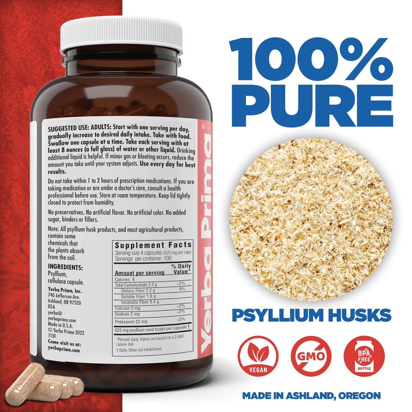 Yerba Prima Psyllium Husks Veg Caps, 400 Capsules (625mg) - Vegan, Non-GMO, Gluten Free, Colon Cleanser, Daily Fiber Supplement for Gut Health & Regularity - Nirvana Guru