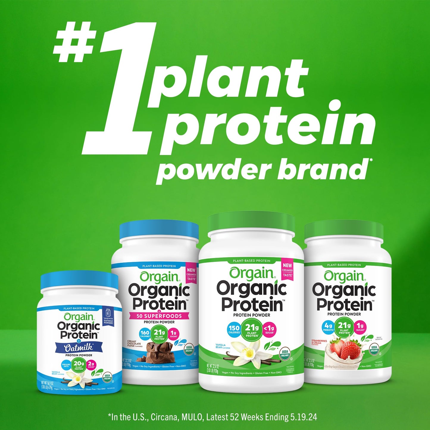 Orgain Organic Vegan Protein Powder, Vanilla Bean - 21g Plant Protein, 4g Prebiotic Fiber, No Lactose Ingredients, No Added Sugar, Non-GMO, For Shakes & Smoothies, 2.03 lb (Packaging May Vary)
