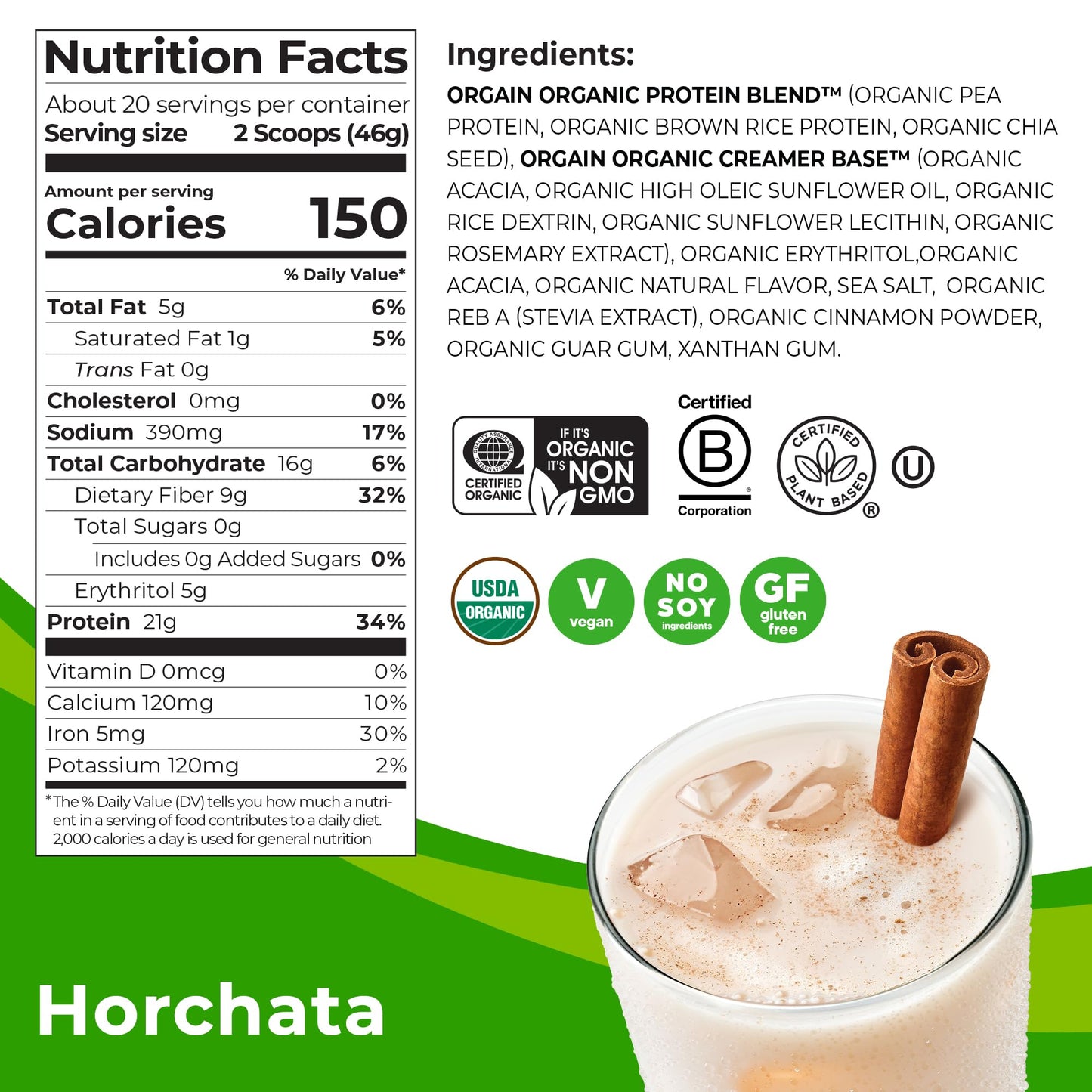 Orgain Organic Vegan Protein Powder, Vanilla Bean - 21g Plant Protein, 4g Prebiotic Fiber, No Lactose Ingredients, No Added Sugar, Non-GMO, For Shakes & Smoothies, 2.03 lb (Packaging May Vary)