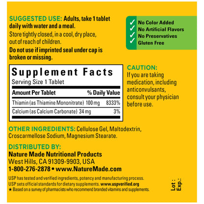 Nature Made Vitamin B1 100 mg, Dietary Supplement for Energy Metabolism Support, 100 Tablets, 100 Day Supply - Nirvana Guru