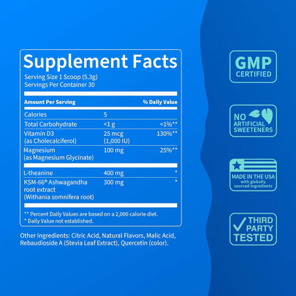 Supercalm Powdered Drink Mix, Raspberry Lemonade, L Theanine, Ksm-66 Ashwagandha, Magnesium Glycinate, Vitamin D 3, Supplements for Relaxation & Focus, No Sugar, Non GMO, On The Go, 20 Ct