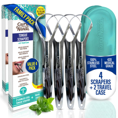 GuruNanda Tongue Scraper for Adults (2 Pack) with Travel Case, 420 Medical-Grade 100% Stainless Steel Tongue Cleaner, Aids in Fresh Breath & Oral Care Nirvana Guru