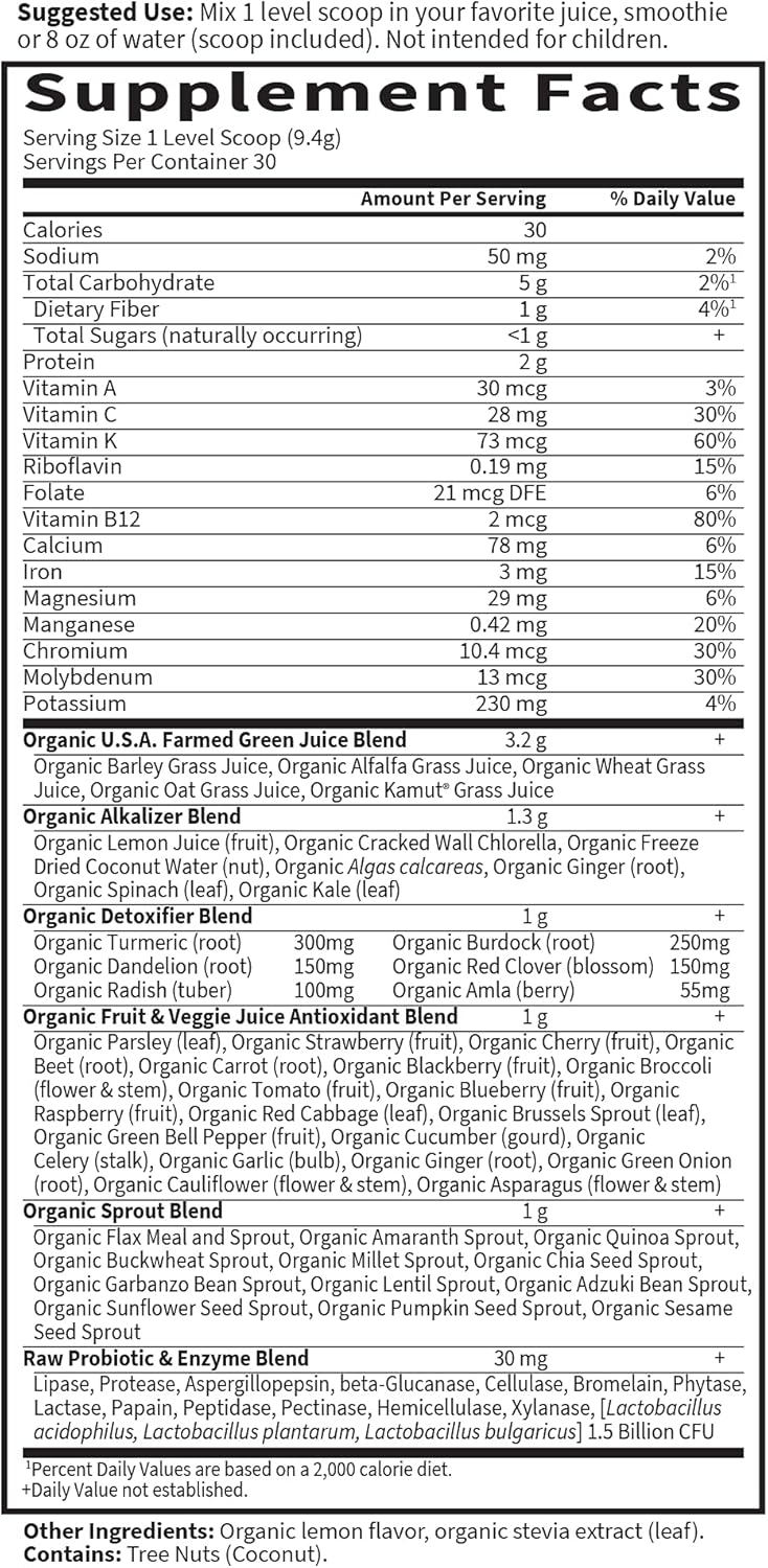 Garden of Life Raw Organic Perfect Food Alkalizer & Detoxifier Juiced Greens Superfood Powder - Lemon Ginger, 30 Servings - Non-GMO, Gluten Free Whole Food Dietary Supplement, Plus Probiotics - Nirvana Guru