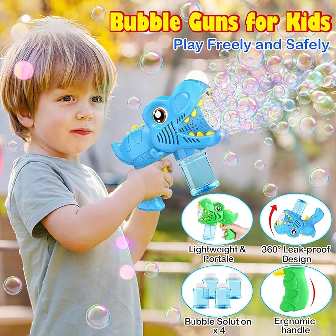 Kids Bubble Gun 2 Pack Dino Bubble Machine Gun for Toddlers with 4 Solutions Automatic 13-Hole Bubbles for Kids Blower Maker Easter Basket Essentials Stocking Stuffers Gift Party Favors for Boys Girls nirvanaguru