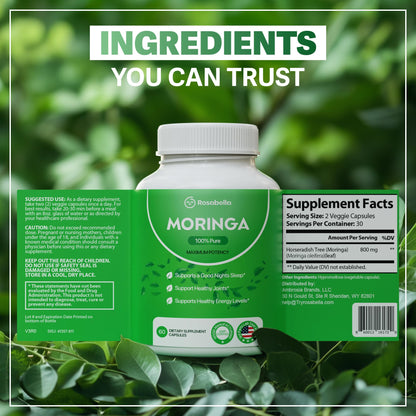 Rosabella Moringa Capsules - Pure Moringa Powder, Energy, Skin, Immune & Gut Health Superfood, Rich in Antioxidants, Essential Vitamins & Amino Acids, Natural Green Superfood Supplement - 60 Count